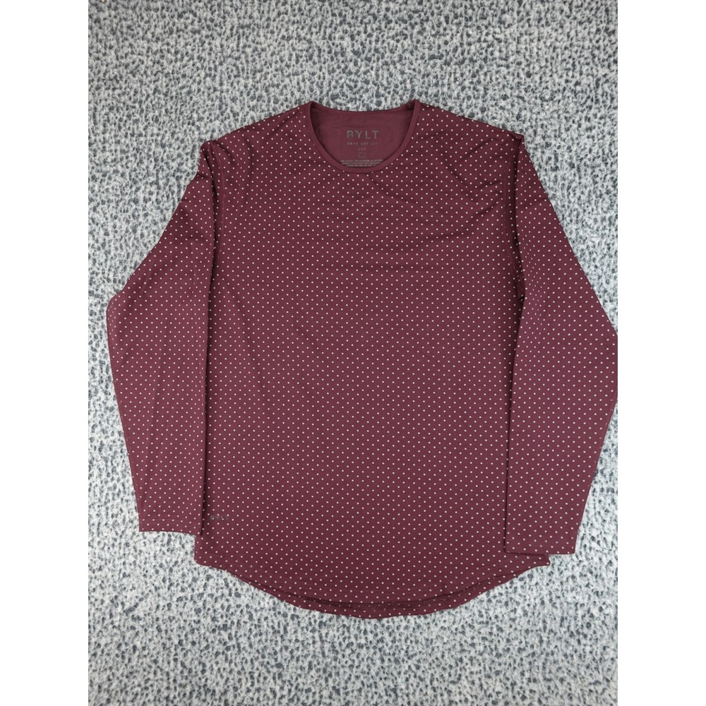 BYLT Drop Cut Long Sleeve Shirt Mens Large Burgundy Polka Dot Lux Curved Hem